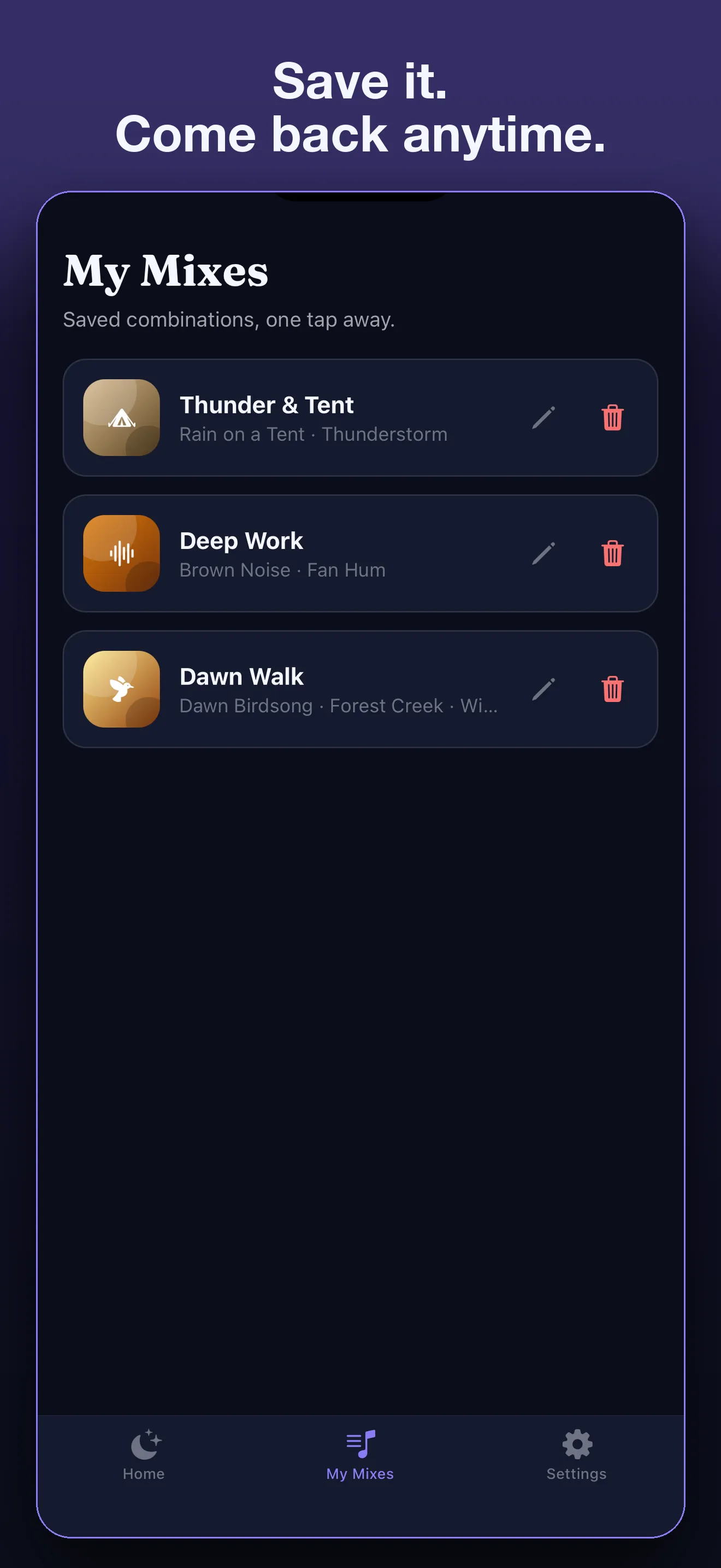 Meine Mixe in Uyu: drei gespeicherte Mixe, Thunder & Tent, Deep Work und Dawn Walk.